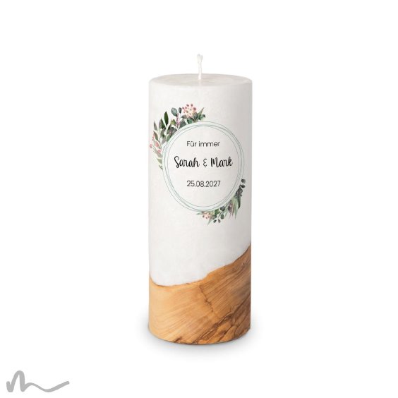Hochzeitskerze Holzelement Docht Blätterprint Ø8 x 20 cm