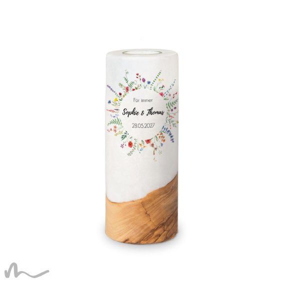 Hochzeitskerze Holzelement Wiesenblumen Ø8 x 20 cm
