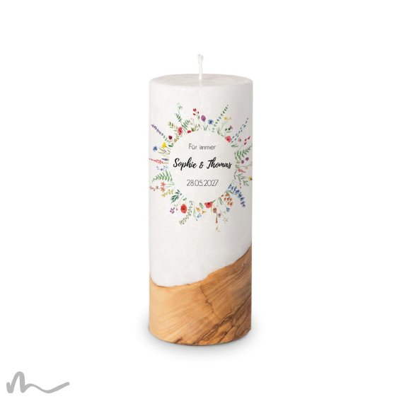 Hochzeitskerze Holzelement Docht Wiesenblumen Ø8 x 20 cm