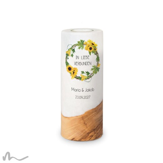 Hochzeitskerze Holzelement Sonnenblumen Ø8 x 20 cm