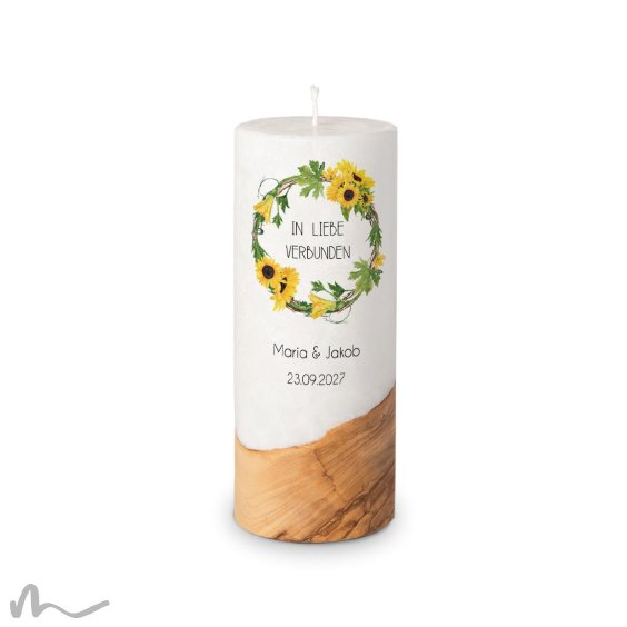 Hochzeitskerze Holzelement Docht Sonnenblumen Ø8 x 20 cm