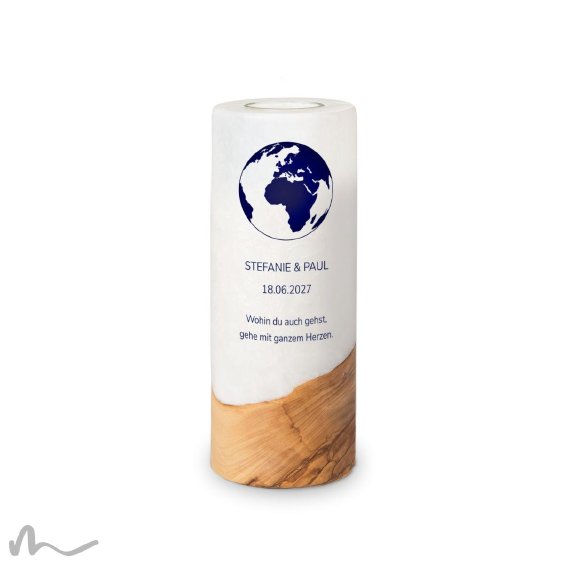 Hochzeitskerze Holzelement Reisepass Globus Ø8 x 20 cm