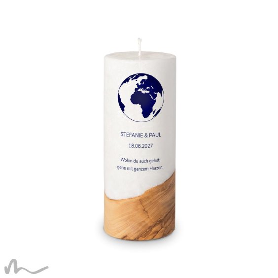 Hochzeitskerze Holzelement Docht Reisepass Globus Ø8 x 20 cm
