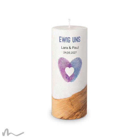 Hochzeitskerze Holzelement Docht Fingerabdruck Herz Ø8 x 20 cm