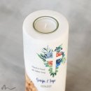 Hochzeitskerze Holzelement Florales Kreuz Blau Ø8 x 20 cm