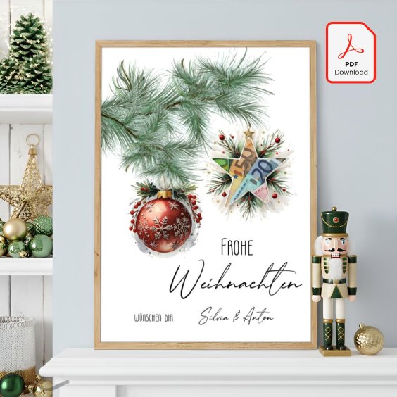 Geldgeschenk Poster Frohe Weihnachten Stern Kugel Rot