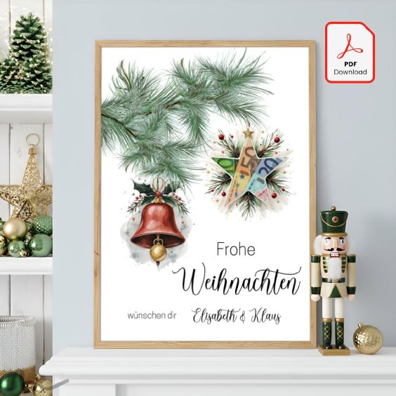Geldgeschenk Poster Frohe Weihnachten Stern Glocke Rot