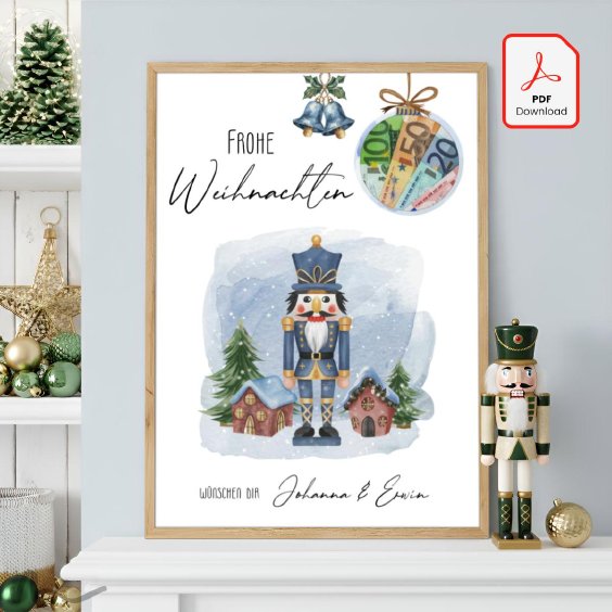 Geldgeschenk Poster Frohe Weihnachten Kugel Blau Nussknacker