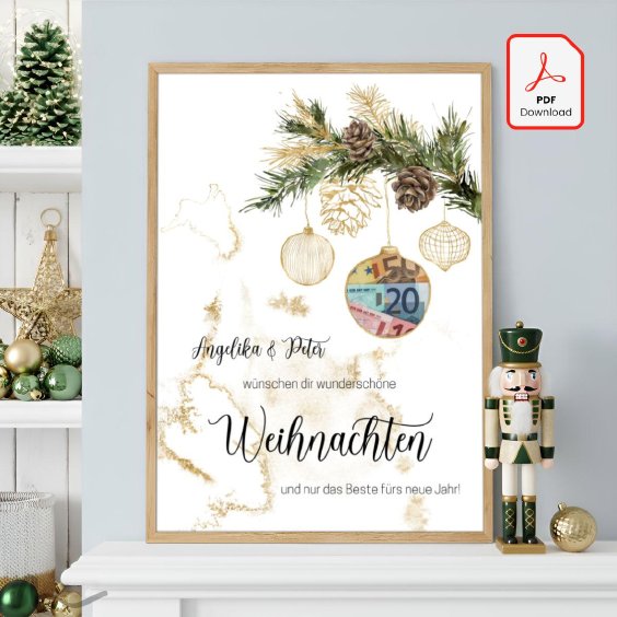 Geldgeschenk Poster Frohe Weihnachten Zweig Zapfen Gold