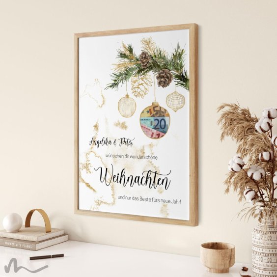 Geldgeschenk Poster Frohe Weihnachten Zweig Zapfen Gold