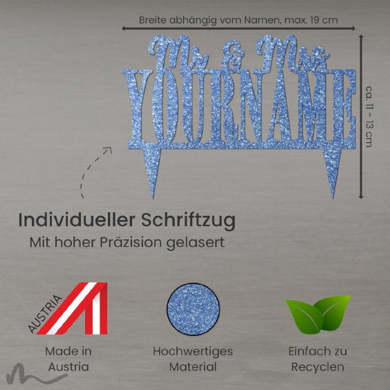Cake Topper Mr und Mrs personalisiert Blau Glitzer