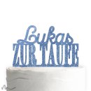 Cake Topper Zur Taufe personalisiert Blau Glitzer