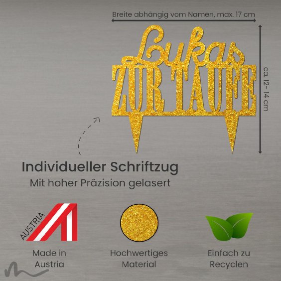 Cake Topper Zur Taufe personalisiert Gold Glitzer