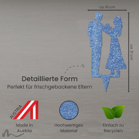Cake Topper Brautpaar mit Baby Blau Glitzer