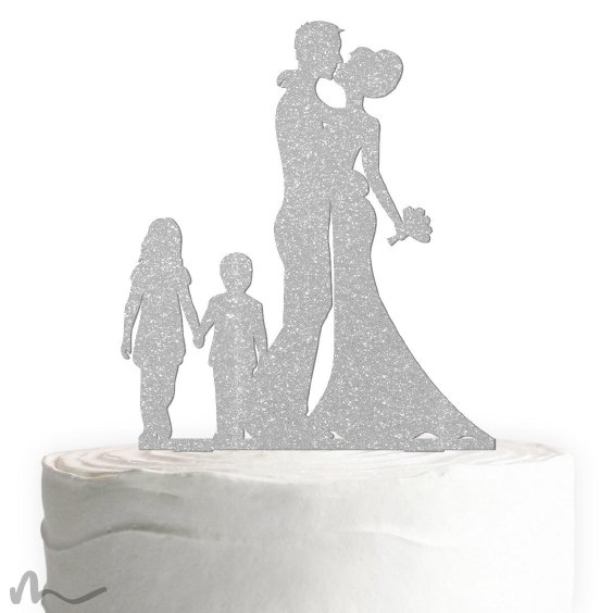 Cake Topper Brautpaar mit Kindern Silber Glitzer