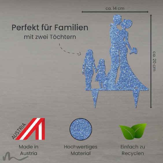 Cake Topper Brautpaar mit Kindern Mädchen Blau Glitzer