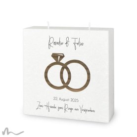 Hochzeitskerze Docht Holzapplikation Ringe Diamant 20 x 20 cm